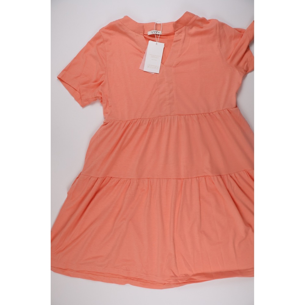 UVN Dress Tiered Babydoll Short Sleeve Notched Neck Coral Pink XL NWT